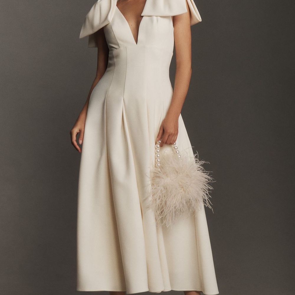 Mac Duggal Cream Midi Dress with Bow Detail